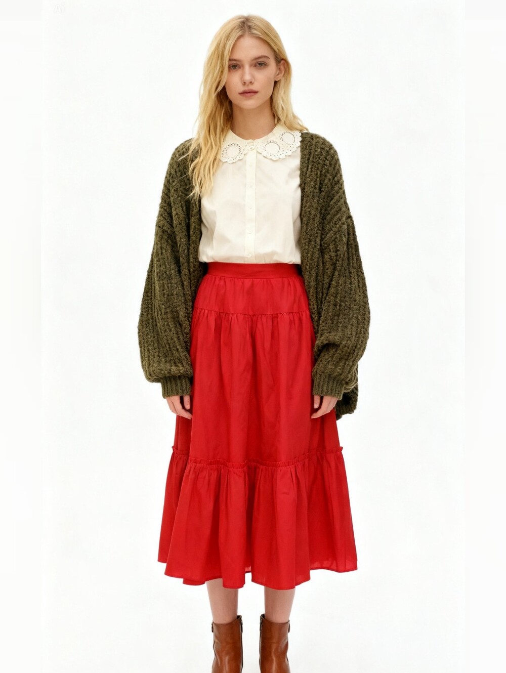 Abercrombie and Fitch Cotton Tiered Midi Skirt in Red Size XSP
